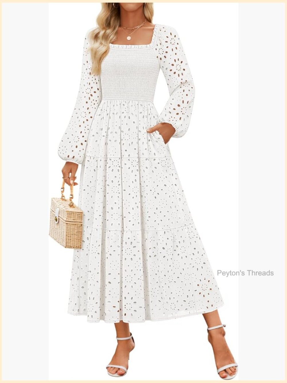 Square Neck Smocked A-Line Maxi Dress with Eyelet Detail - Picture 1 of 7